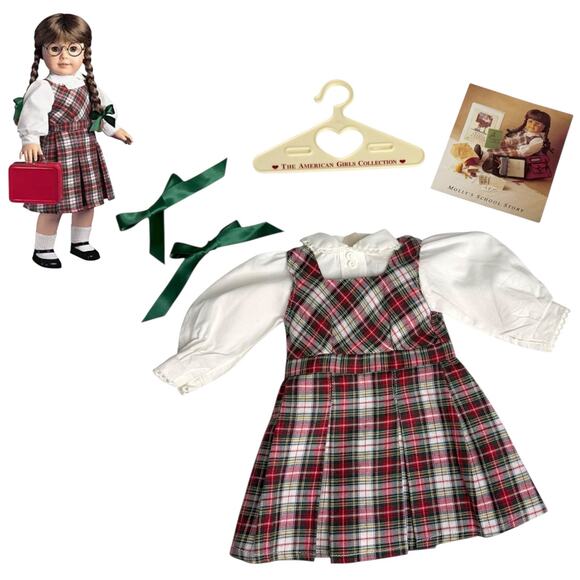 American Girl Molly School Pleasant Co Plaid Jumper Blouse Hair Ribbons Pamphlet